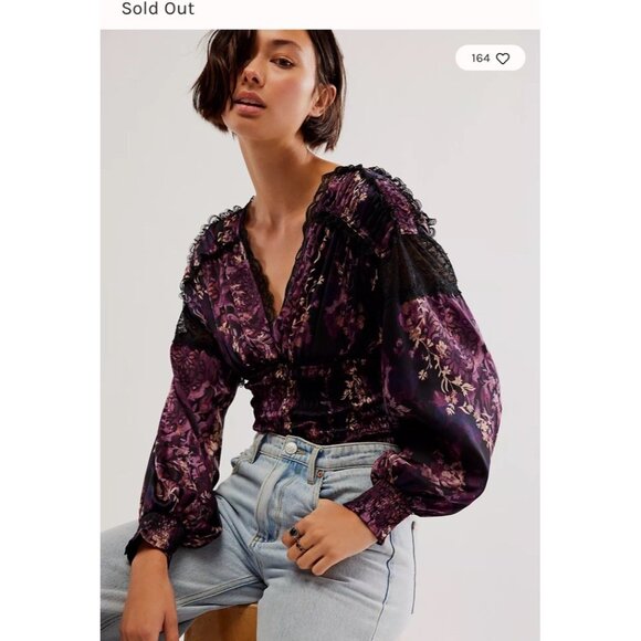 Free People MEDIUM Bodysuit Worth The Wait Balloon Long Sleeves Smocked Lace - Picture 14 of 14